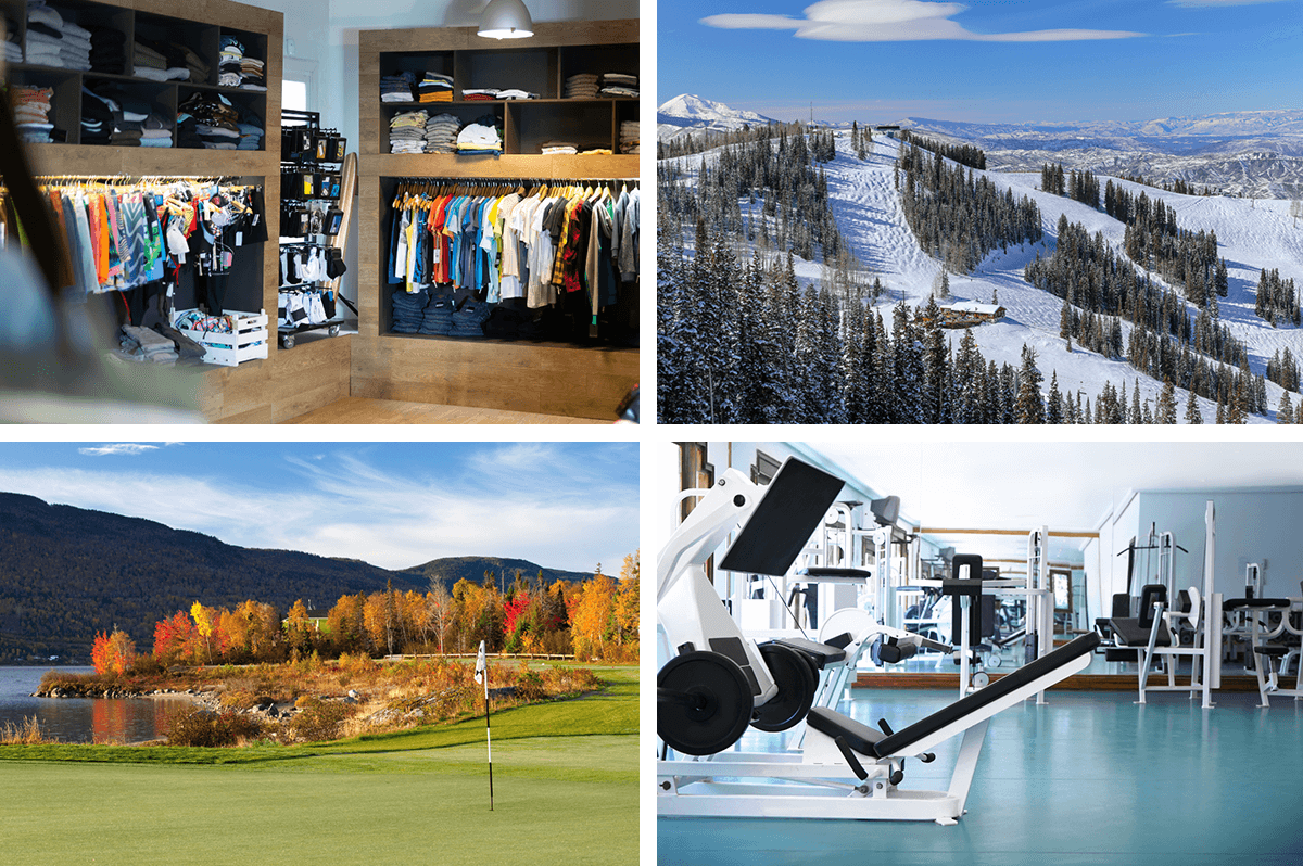 A collage with photos of a athletic retail store, a hill covered in snow, a golf course during the fall, and a fitness center with exercise equipment